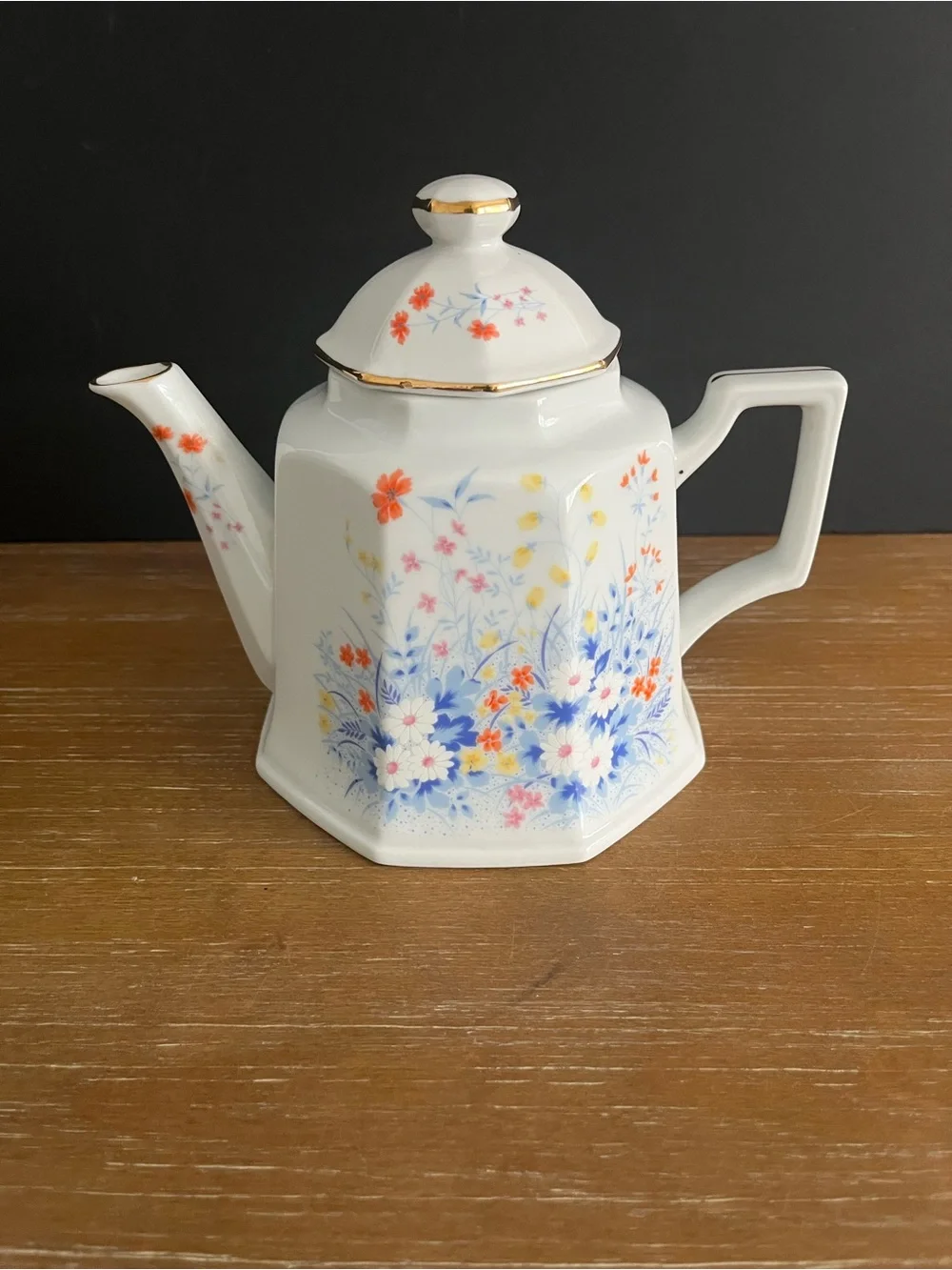 Handpainted Porcelain Teapot-Japan-Octagonal Shape-Lid-Beautiful Wildflowers